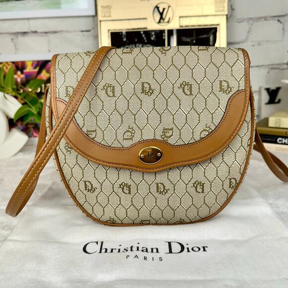 Dior Handbags - Dior Beige Monogram Canvas Shoulder Bag with Tan Leather Trim